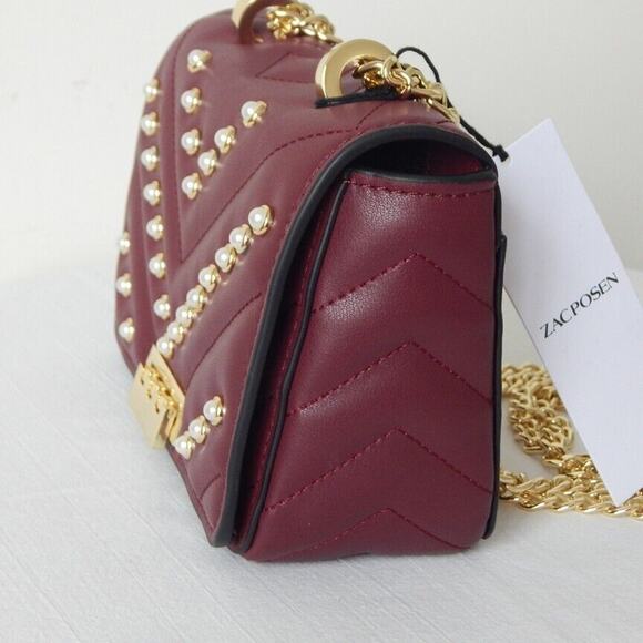 ZAC POSEN SOFT EARTHETTE Pearl Lady Chevron Quilted Chain SHLDR Bag Cabernet NWT - Picture 5 of 11
